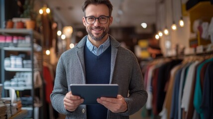 Man in stylish coat using a tablet while smiling inside a vibrant clothing store during daylight