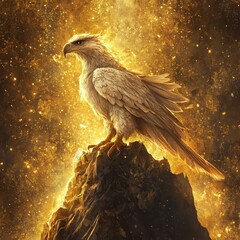 Fototapeta premium Majestic eagle perched atop a mountain bathed in golden light