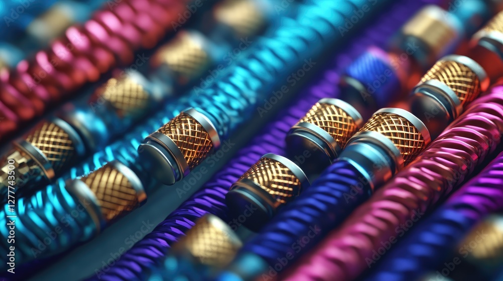 Poster a close-up of colorful shielded wires with metallic tips, showcasing their intricate design and vibr