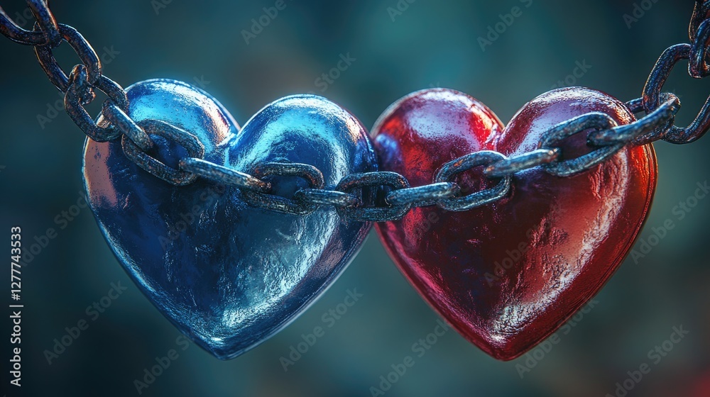 Poster a close-up of two blue and red hearts interlocked on chains, representing a connection of love and p