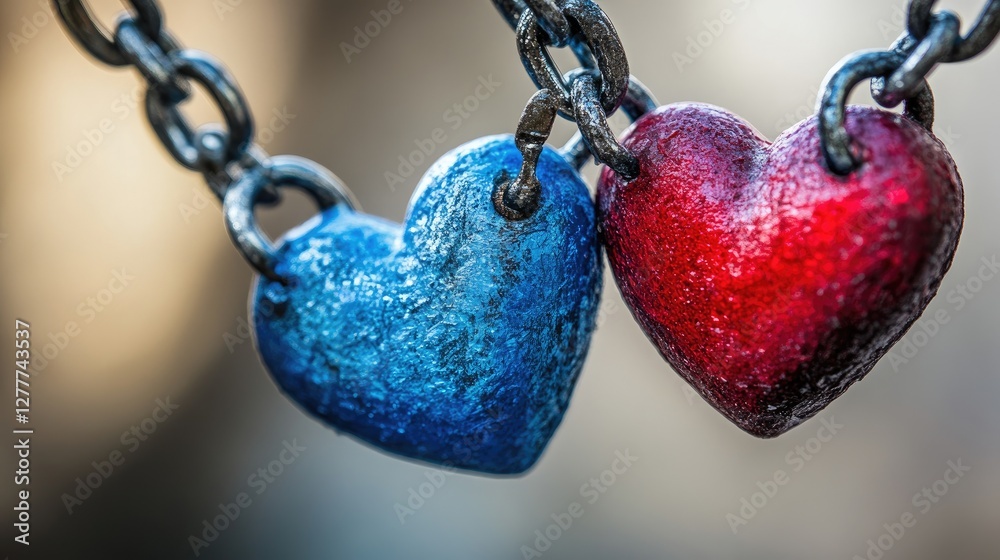 Poster a close-up of two blue and red hearts interlocked on chains, representing a connection of love and p