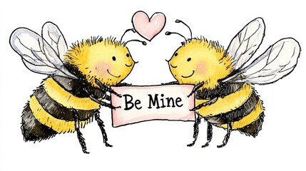 Valentine-themed bee couple holding a tiny banner with "Be Mine" text, hand-drawn style, soft colors, white background