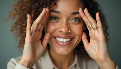 A woman with radiant curly hair and a bright smile gently frames her face with her hands, showcasing her joy and confidence. Her expressive eyes and natural beauty highlight the celebration of Women's