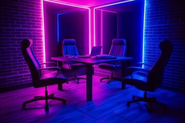 Retro-style podcast room illustration featuring chairs and a central table.