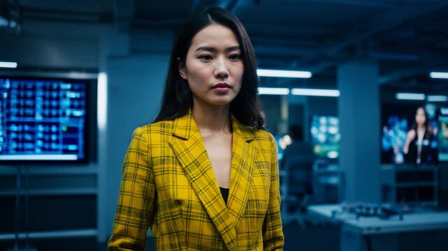 Confident businesswoman in a yellow macleod tartan suit stands in a modern office with digital screens