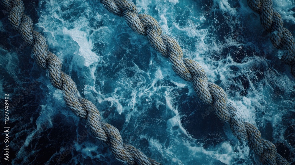 Poster A close-up shot of a sturdy rope on a boat, displaying the texture and intricacies of its weave in a dynamic sea environment