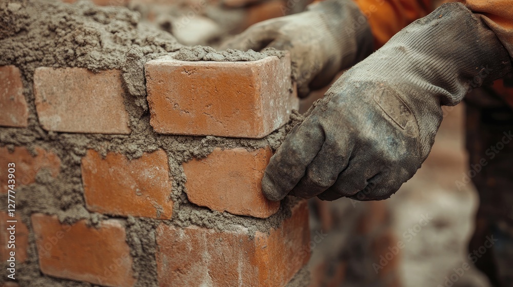 Poster a close-up shot of a worker expertly laying bricks on a wall, showcasing attention to detail and ski