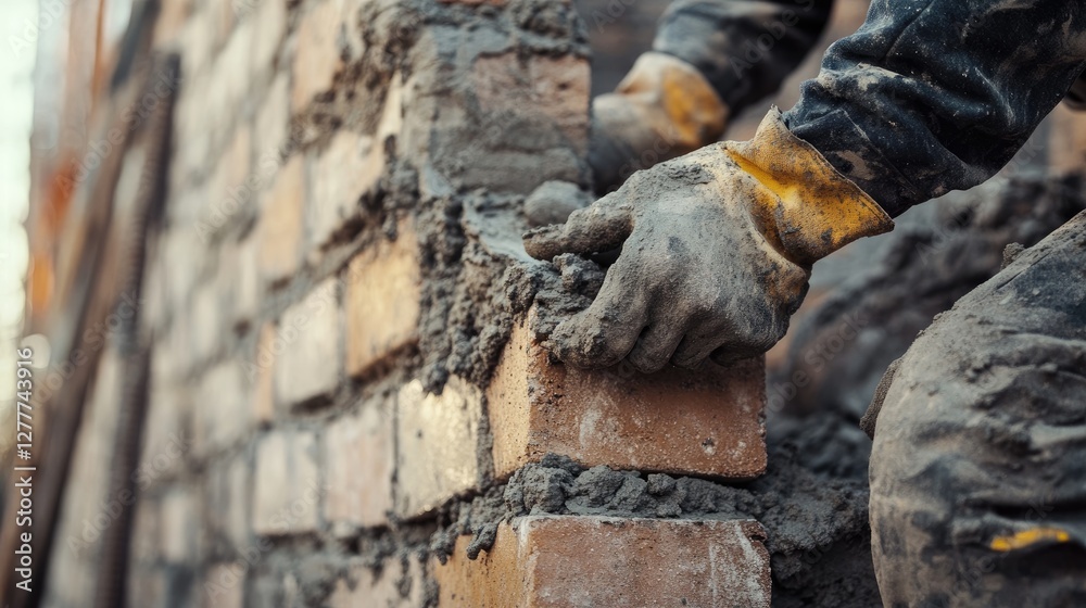 Poster a close-up shot of a worker expertly laying bricks on a wall, showcasing attention to detail and ski
