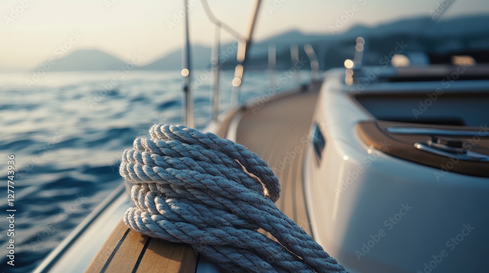 Poster a close-up shot of a yacht's rope, showcasing its texture and intricate weaving, symbolizing strengt