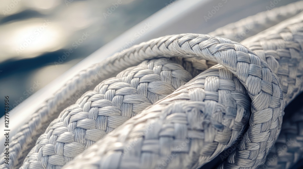 Poster a close-up shot of a yacht's rope, showcasing its texture and intricate weaving, symbolizing strengt