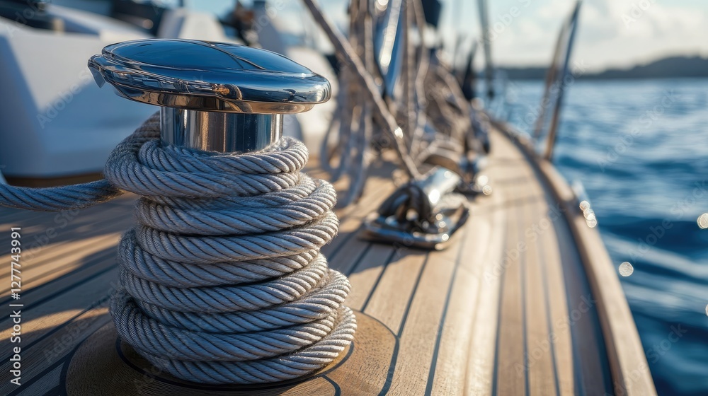 Poster a close-up shot of a yacht's rope, showcasing its texture and intricate weaving, symbolizing strengt