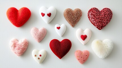 Fototapeta premium Variety of Valentine-themed hearts with different materials--felt, sequins, and satin--cut out and placed on a clean white surface