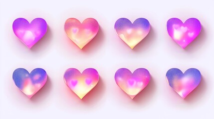 Vibrant Valentine's card set with glowing pink and purple neon heart patterns, featuring heart cutouts and soft shadows on white