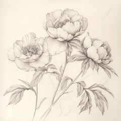 Peony flower illustration in black and white style.