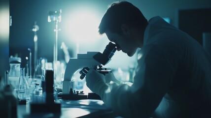 Scientist examines samples under a microscope in a laboratory setting during nighttime hours