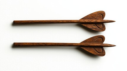 Vintage-inspired bow and arrow set, worn-out wood textures, faded heart engravings, warm tones, isolated on white