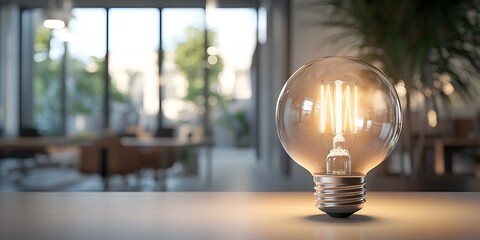 A light bulb is glowing on the table in front of an office background with copy space. 