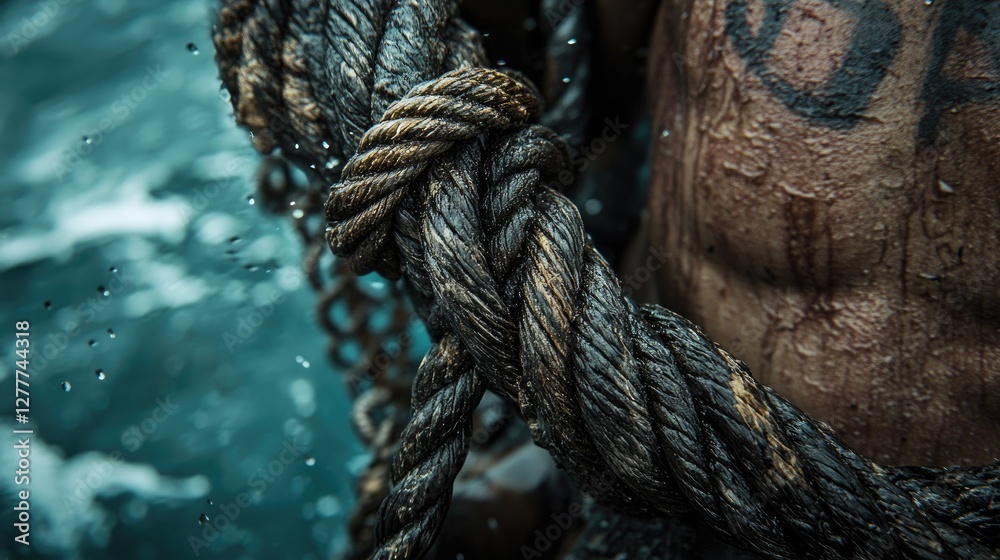 Poster a close-up view of a rope on a boat at sea, capturing the texture and detail of the knot and weave i