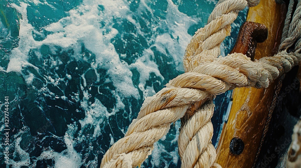 Poster a close-up view of a rope on a boat at sea, capturing the texture and detail of the knot and weave i