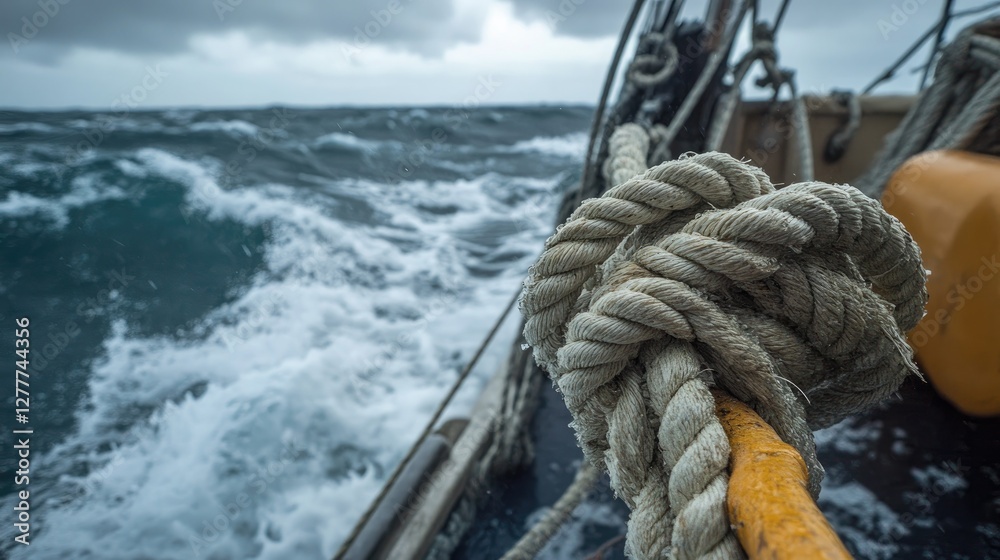 Poster a close-up view of a rope on a boat at sea, capturing the texture and detail of the knot and weave i