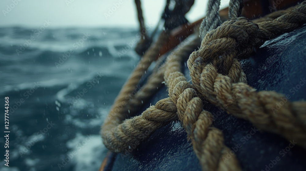 Poster a close-up view of a rope on a boat at sea, capturing the texture and detail of the knot and weave i
