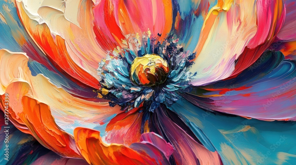 Poster a close-up view of colorful, abstract flowers in full bloom, featuring dynamic hues that captivate t