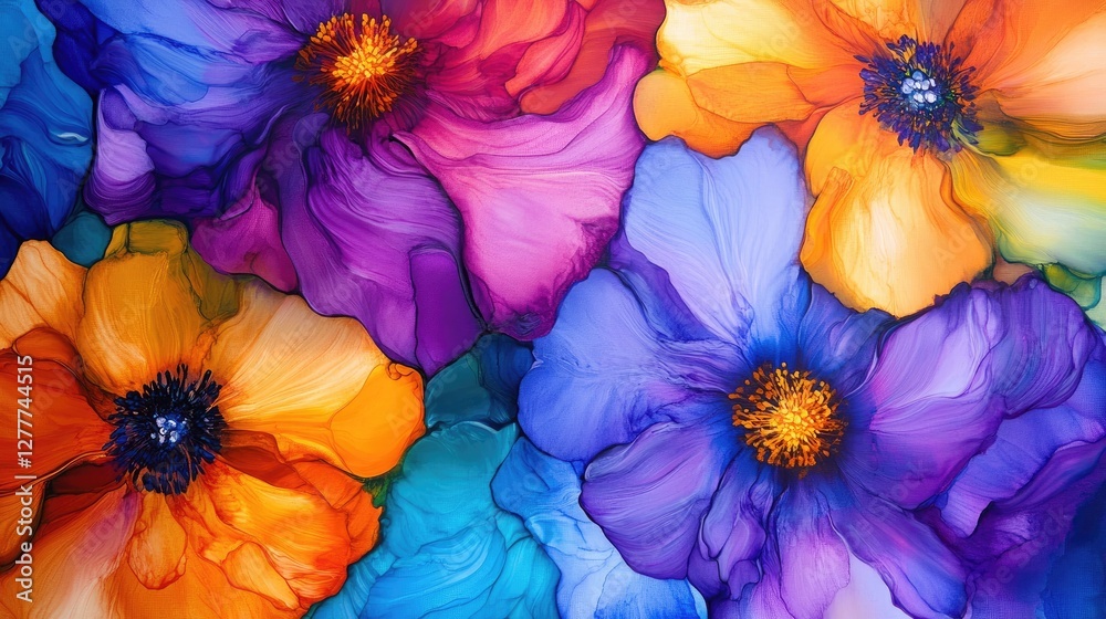 Poster a close-up view of colorful, abstract flowers in full bloom, featuring dynamic hues that captivate t