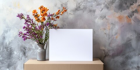A mockup of an A4 blank white card standing on top of a cardboard box, with purple and orange 