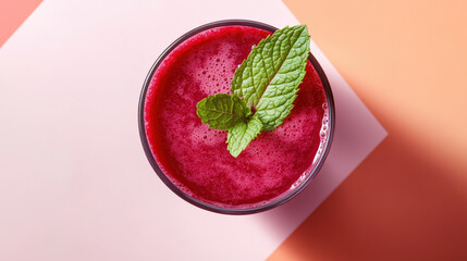 Fresh beet juice topped with mint leaves in glass, vibrant color