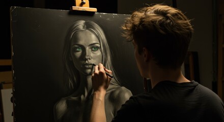 Creating dramatic charcoal sketches of model in art class with focus on contrast and detail