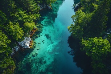 Aerial drone view of man is paddling on stand up paddleboarding in the mountain lake with pine trees forest
