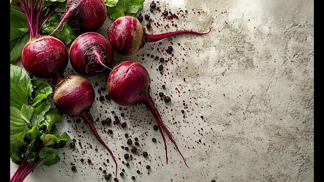 Freshly harvested beets with greens scattered on textured surface