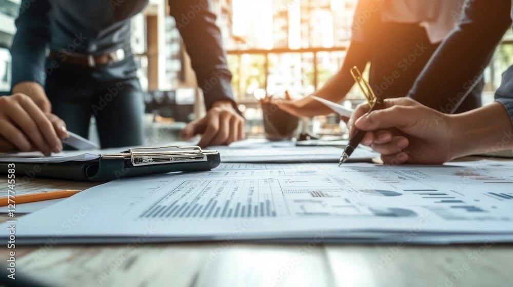 Poster a construction team discussing financial planning with detailed charts and documents, capturing the 