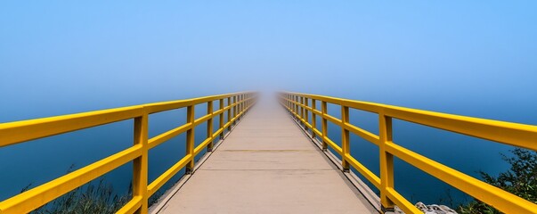 Yellow railed bridge vanishes into fog above water for use in travel concepts