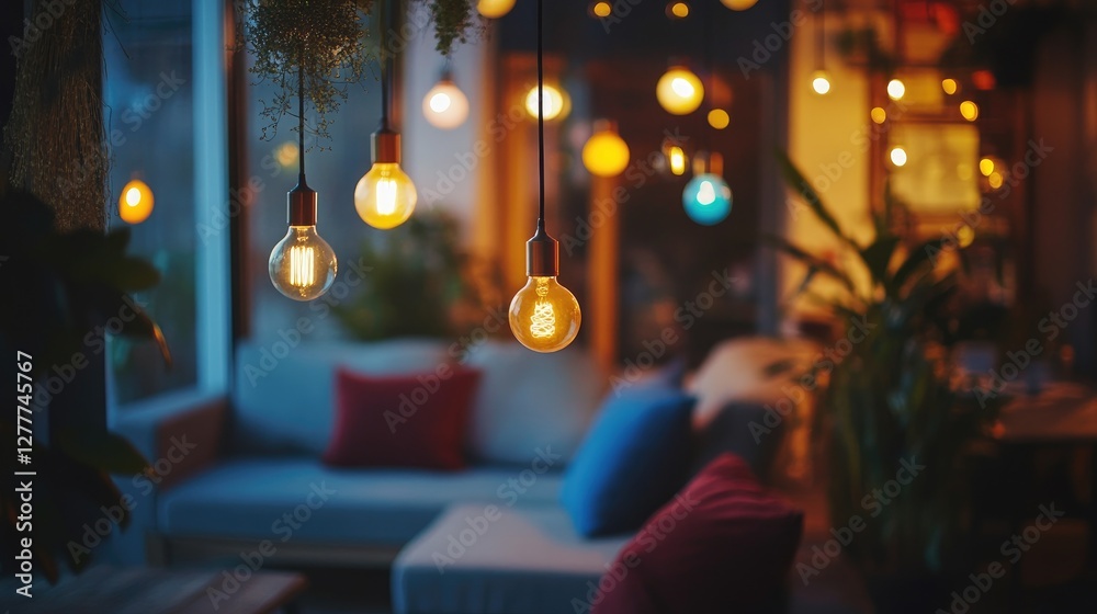 Poster a cozy evening scene with colorful hanging light bulbs, casting a soft and comforting light over the