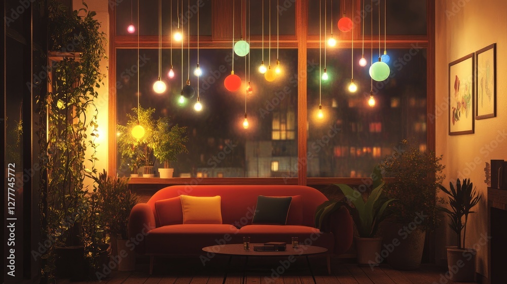 Poster a cozy evening scene with colorful hanging light bulbs, casting a soft and comforting light over the