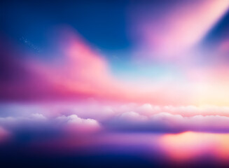 Fototapeta premium A dreamy sky with soft, fluffy clouds illuminated by a gradient of vibrant pink, orange, and blue hues, creating a serene and peaceful atmosphere.