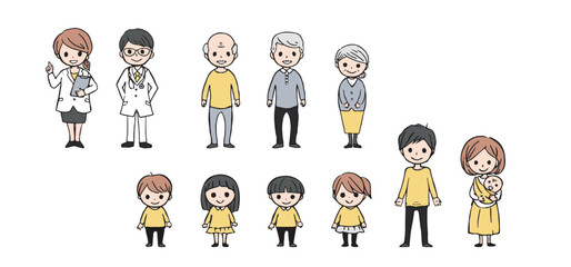 三世代家族の各世代と医師の全身イラストのセット