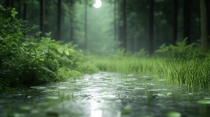 Obraz premium A hidden forest clearing where the ground seems like liquid silver, mirroring the moon and stars in a celestial mirror of shimmering light.