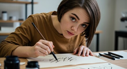 A beautiful Calligraphy workshop participant practicing strokes with brush on textured paper to improve lettering, leaning towards camera