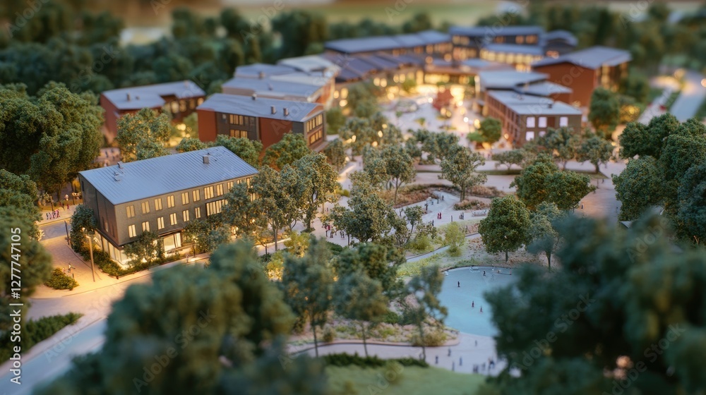 Poster a detailed high-resolution image of a maquette, illustrating a mixed-use development with residentia