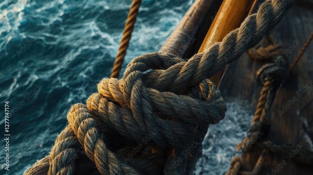 Poster a detailed image of a thick rope on a boat at sea, showing the intricacies of the knot and the durab