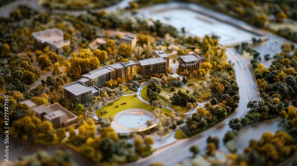 Poster a detailed high-resolution image of a maquette, illustrating a mixed-use development with residentia