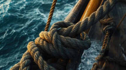 Fototapeta premium A detailed image of a thick rope on a boat at sea, showing the intricacies of the knot and the durability of the material in action.