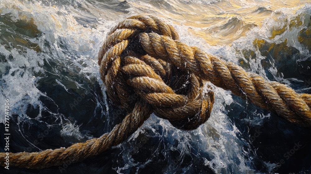 Poster a detailed image of a thick rope on a boat at sea, showing the intricacies of the knot and the durab
