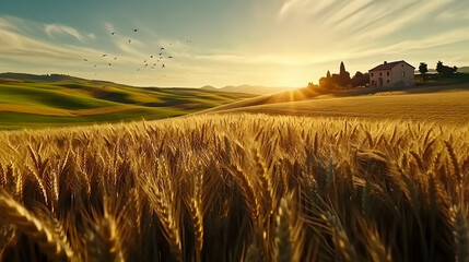 Obraz premium Tuscan sunset, wheat field, farmhouse, birds