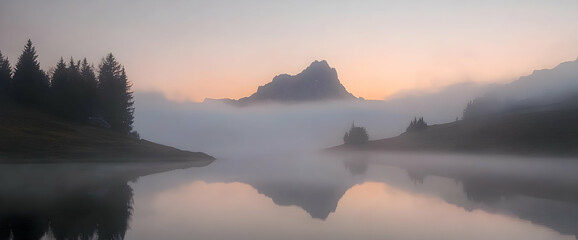 Misty sunrise over mountain lake, tranquil scene, nature wallpaper