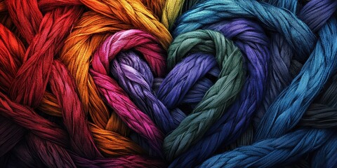 Heart shape formed by woven colorful strands of braided rope