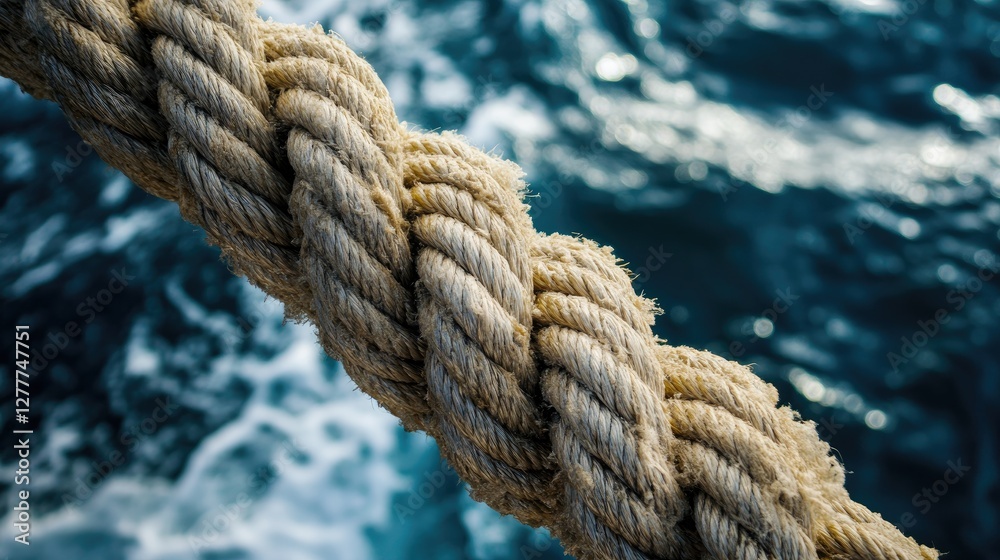 Poster a detailed shot of rope on a boat at sea, emphasizing the texture and intricacy of the rope weave as