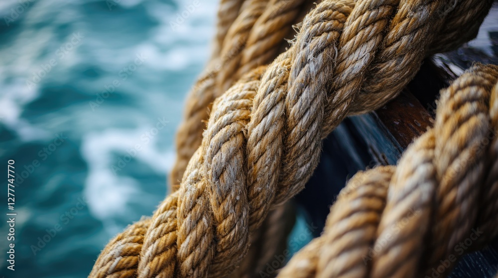 Poster a detailed shot of rope on a boat at sea, emphasizing the texture and intricacy of the rope weave as